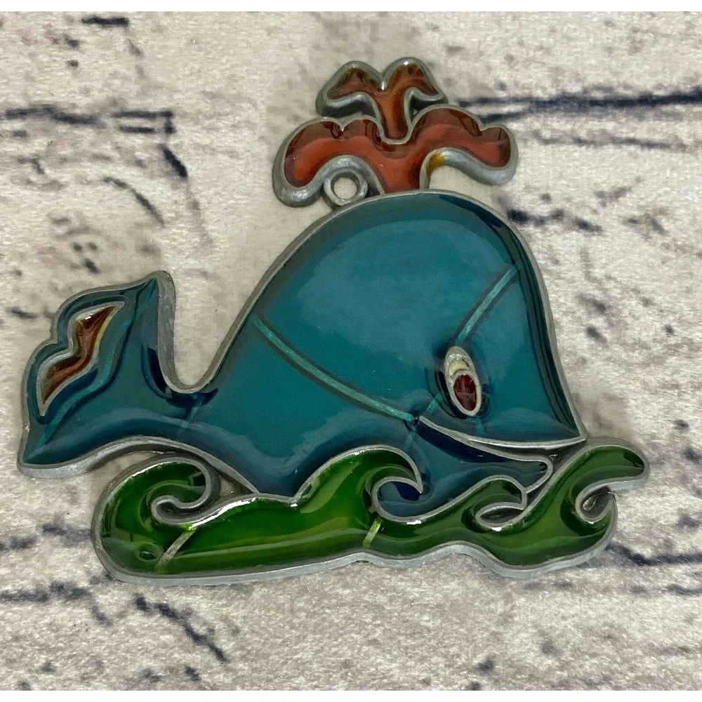 VTG Blue And Orange Whale Sun Catcher Stained Glass Style 3